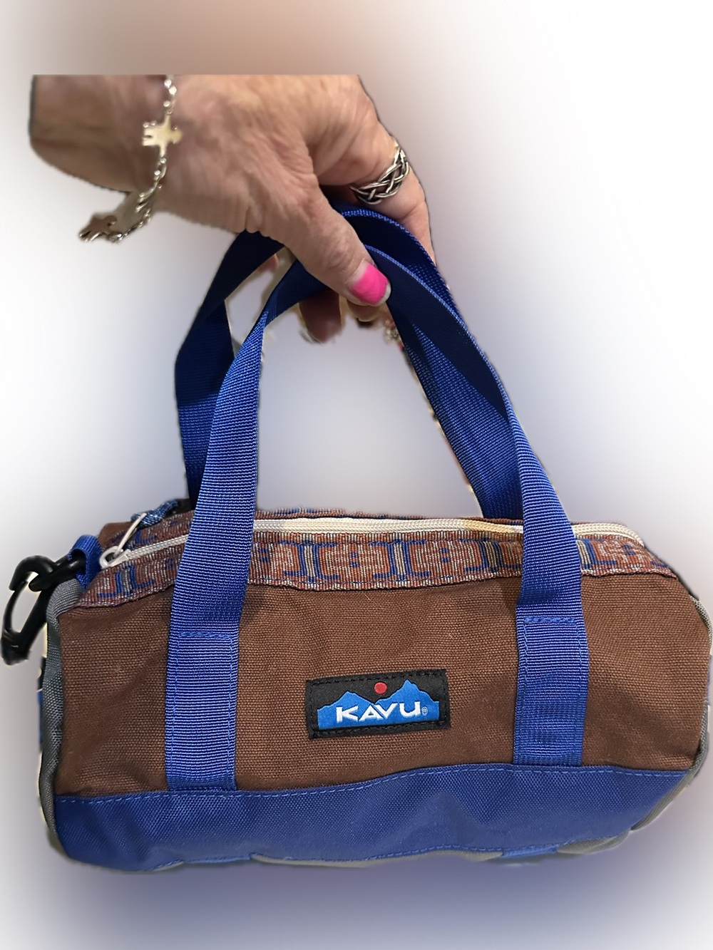 KAVU UNISEX MINI SMALL DUFFLE BAG BROWN BLUE CARRYALL PURSE TRAVEL HANDLED XBODY - Picture 5 of 11